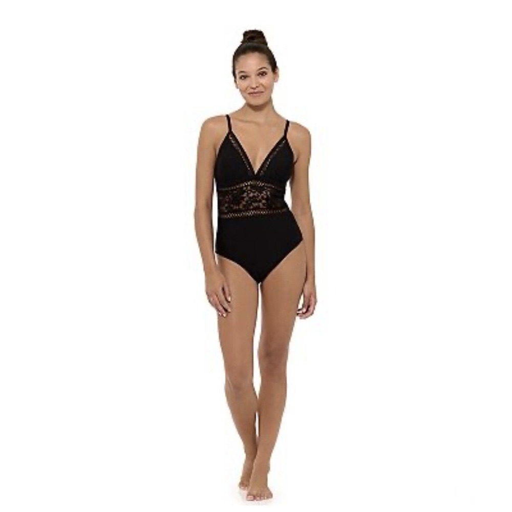 Win Wave Black Lace Inset One Piece Swimsuit V Neck Adjustable Straps Small‎ NWT